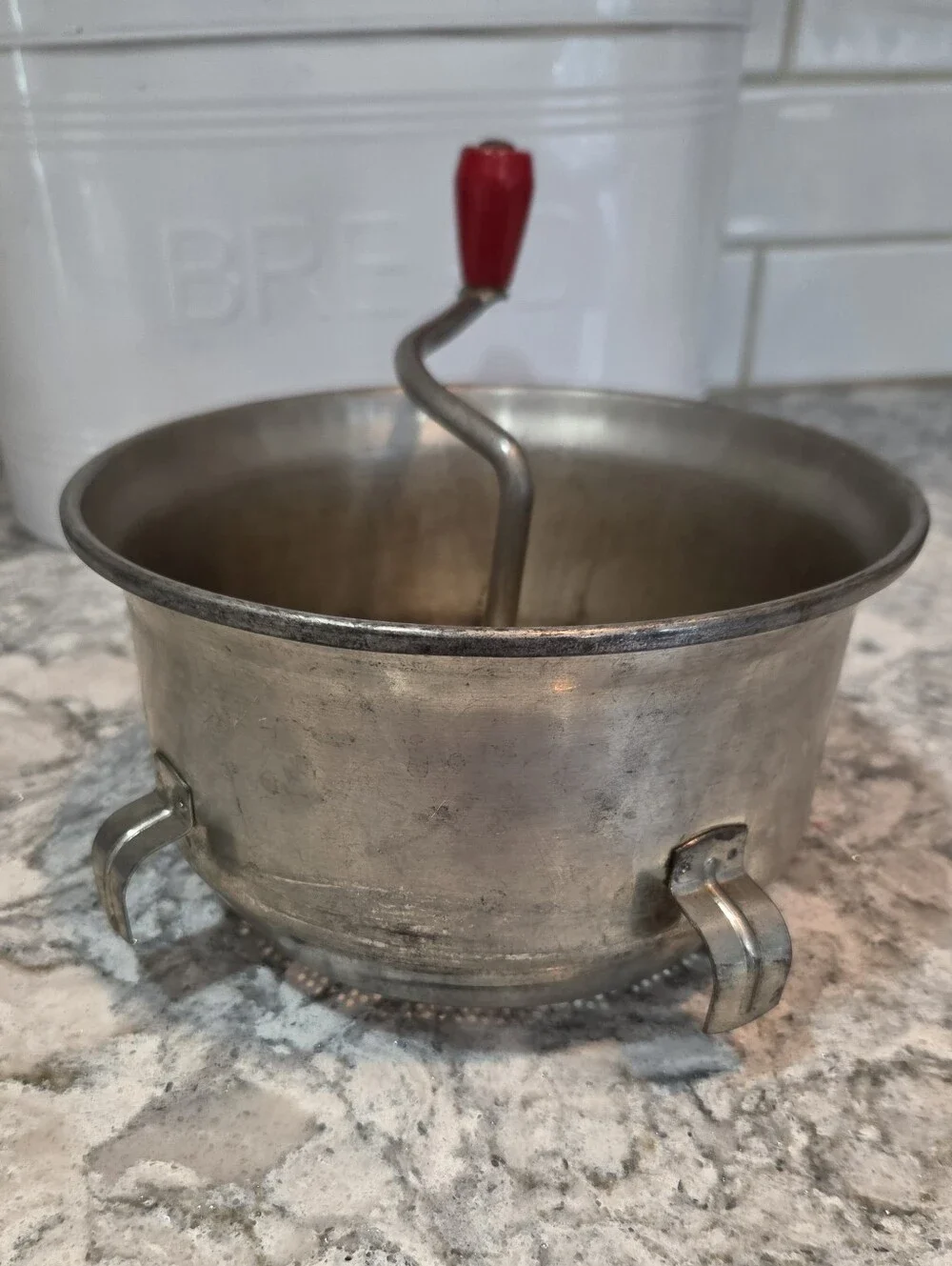 Vtg Foley Food Mill Manual Hand Crank Metal Red Wooden Handles Steel Country